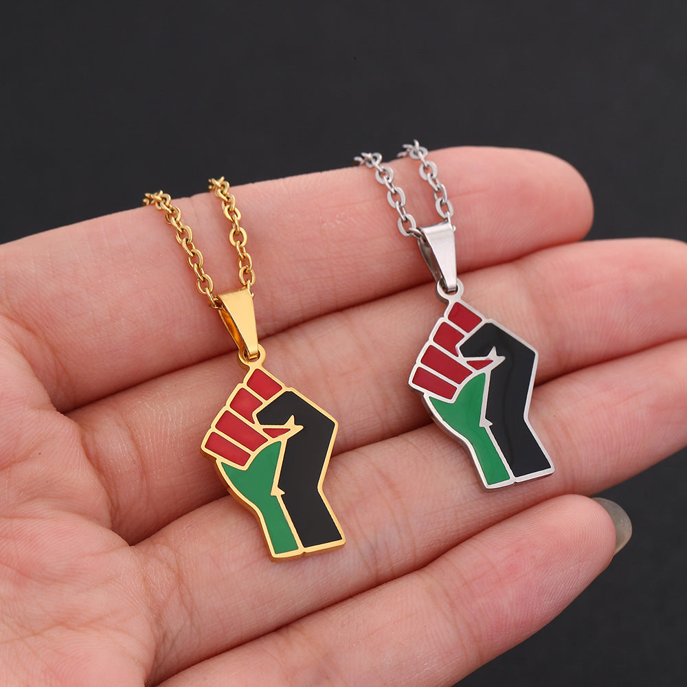 Geometric African Fist Symbol Pendant Necklace in Stainless Steel with Titanium Steel Charm, Electroplated O-Chain, Unisex Fashion Accessory
