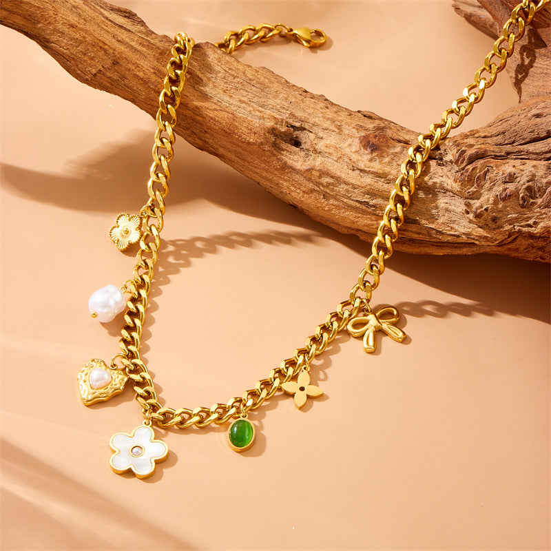 Vintage Pearl White Shell Floral Heart Bow Emerald Oval Pendant Stainless Steel Necklace for Women