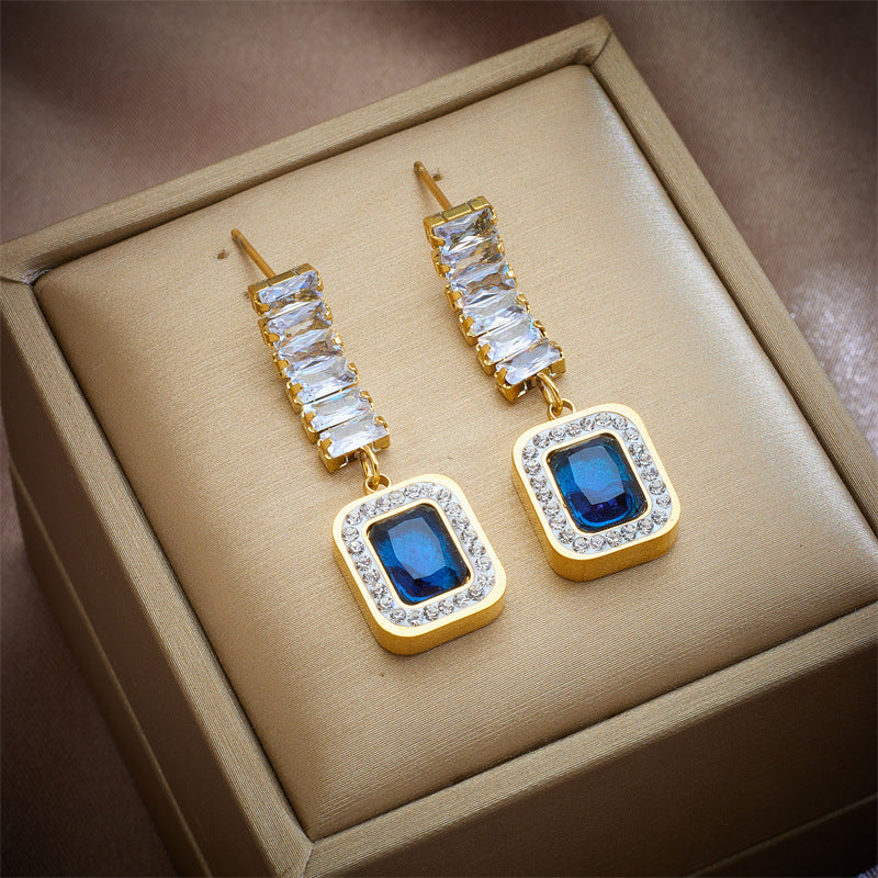 Fashionable Geometric Blue Sapphire Stud Earrings in Titanium Steel with Rhinestone Inlay and Plated Finish