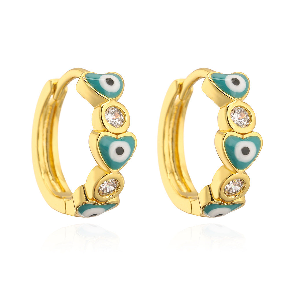 Geometric Demon Eye Earrings for Women with Copper Base Plated in Real Gold and Micro-Paved Zirconia with Enamel Finish