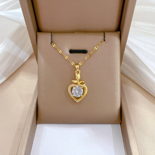 Cartoon Style Heart-Shaped Titanium Steel Necklace with Rhinestone Inlay for Women Fashion Clavicle Chain