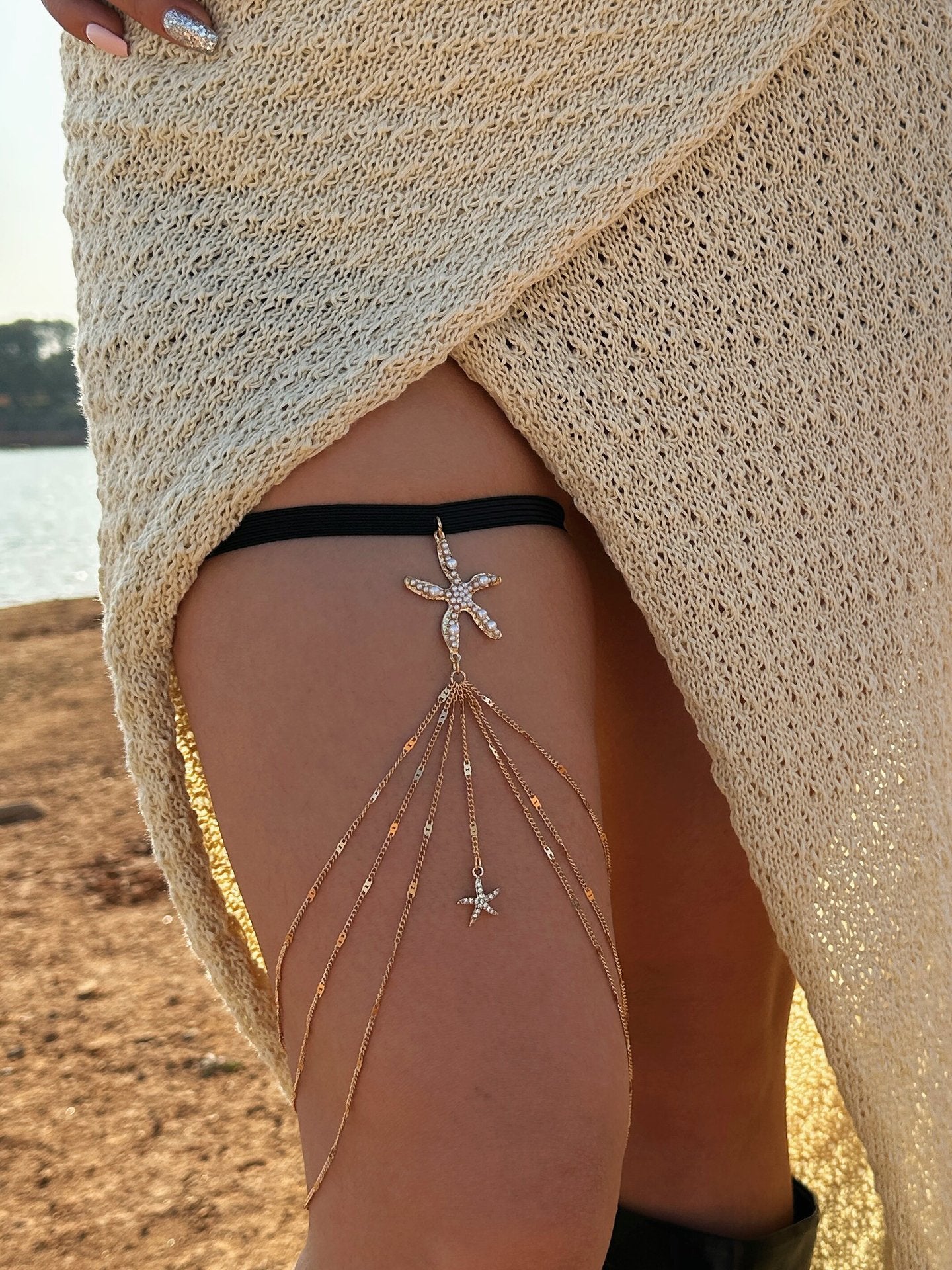 Casual Marine Starfish Alloy Plated Leg Chain with Tassel and Elastic Band