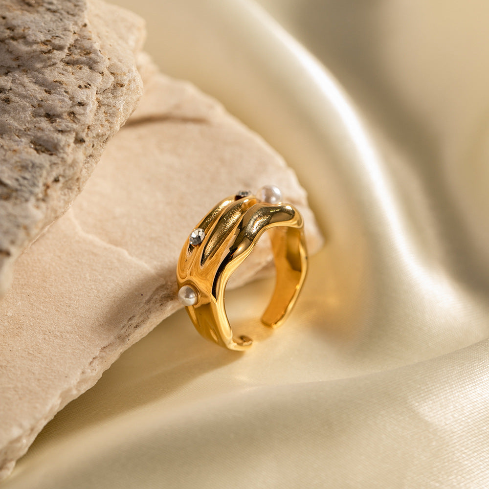 Anillo Abierto con Forma de C Geométrica de Moda con Incrustaciones de Perlas, Joyería de Acero Inoxidable con Baño de Oro de 18K para Mujer
