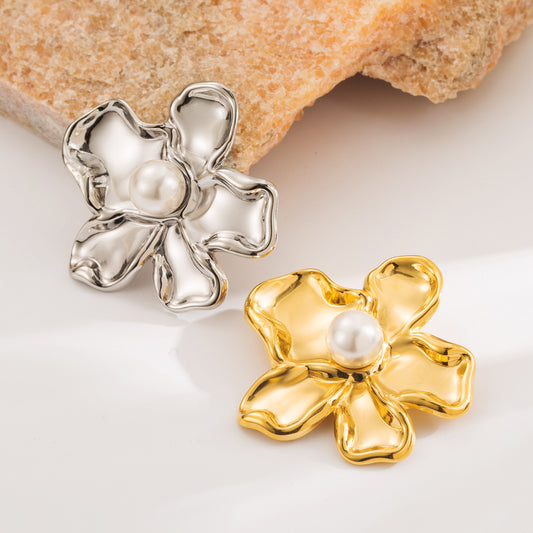 Elegante Spilla Floreale da Donna con Intarsio di Perle in Acciaio Inossidabile Placcato Oro 18K Spilla alla Moda