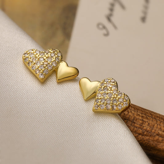 Pendientes Minimalistas de Cobre con Forma de Corazón, Chapados en Oro de 18K y Circonitas Micro-Engastadas para Mujer
