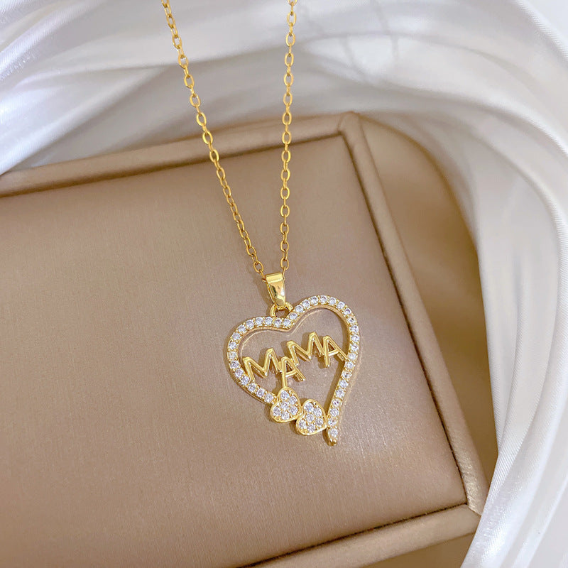 Collana minimalista a cuore in acciaio al titanio con intarsio in zirconi per uomo e donna, catena delicata per clavicola