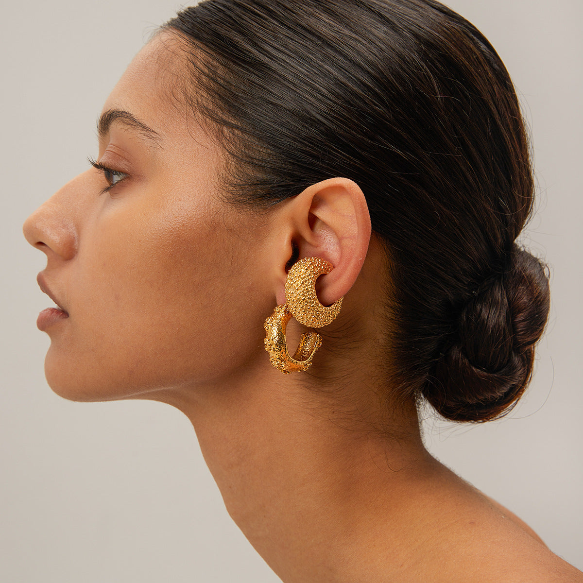 Vintage Bohemian 18K Gold Plated Hammered Flower C-Shaped Stainless Steel Earrings for Women