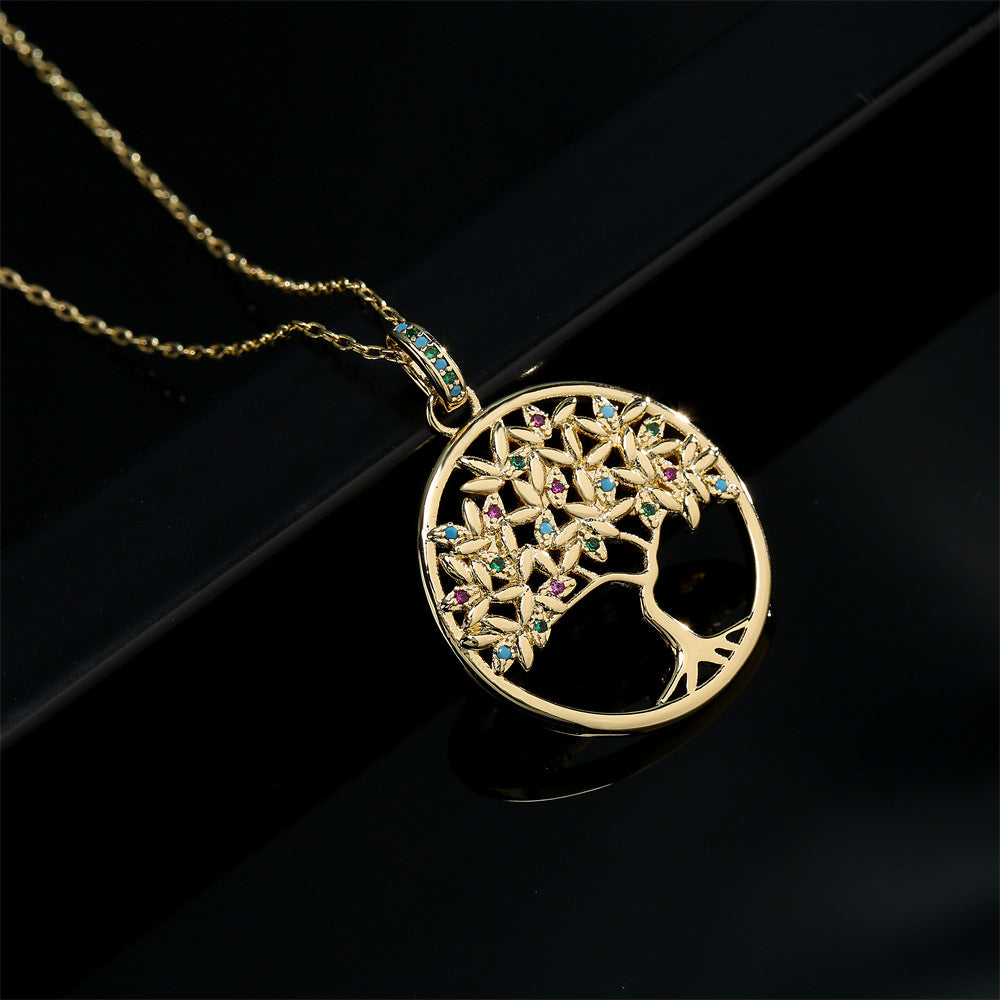18K Gold Plated Brass Tree of Life Pendant Necklace with Micro-Inlaid Cubic Zirconia for Women