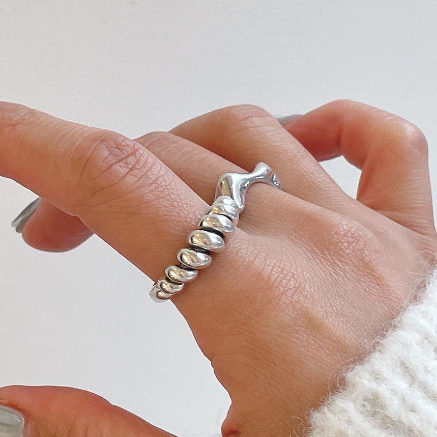 French Vintage Wave-Shaped 925 Sterling Silver Adjustable Knot Ring for Women