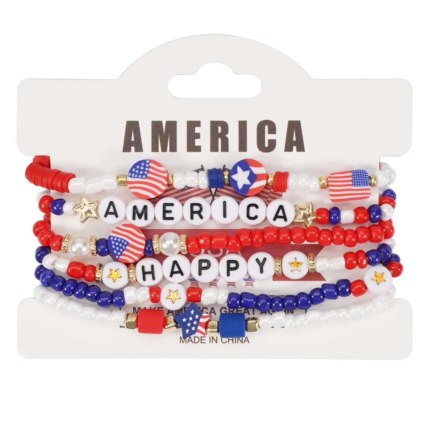 Bracciale Geometrico con Perline di Vetro Unisex con Charm Bandiera Americana Festa dell'Indipendenza