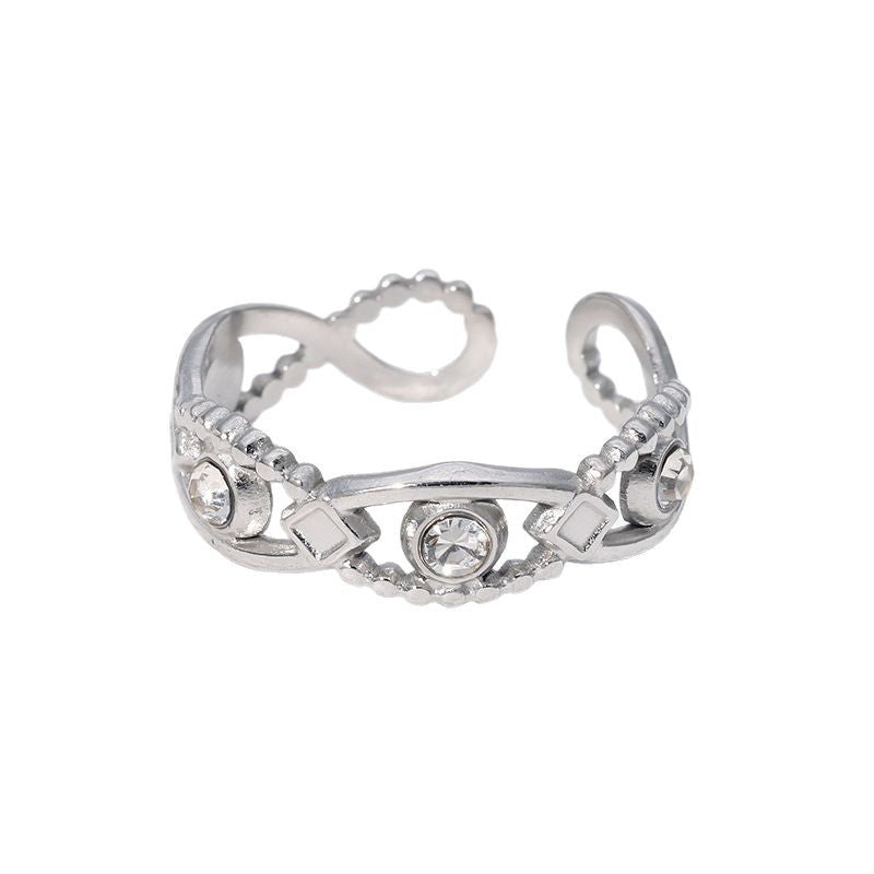 Minimalist Elegant Open-Style Eye-Shaped Rhinestone-Set Gold-Plated Stainless Steel Ring for Women