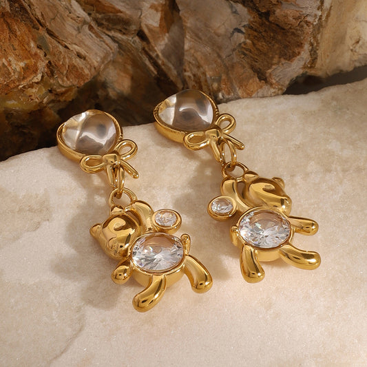 Sweet Stainless Steel Bear and Bow Stud Earrings with Cubic Zirconia for Women