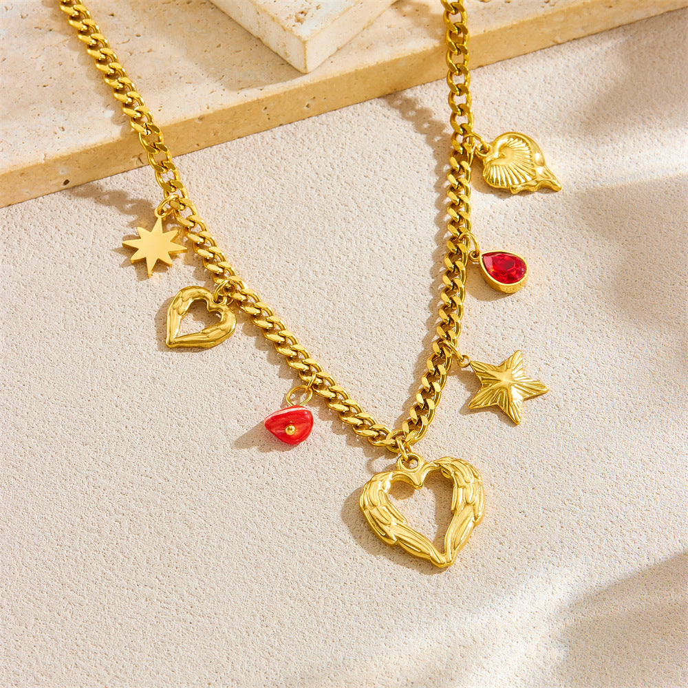 Fashionable Hollow Heart and Star Pendant Necklace with Rhinestone Accents in Gold-Plated Stainless Steel for Women
