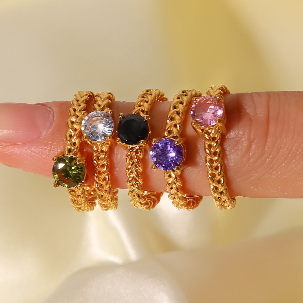 Fashionable 18K Gold Plated Stainless Steel Round Zircon Wheat Braided Adjustable Ring for Women