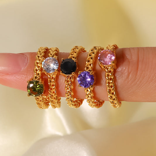 Fashionable 18K Gold Plated Stainless Steel Round Zircon Wheat Braided Adjustable Ring for Women