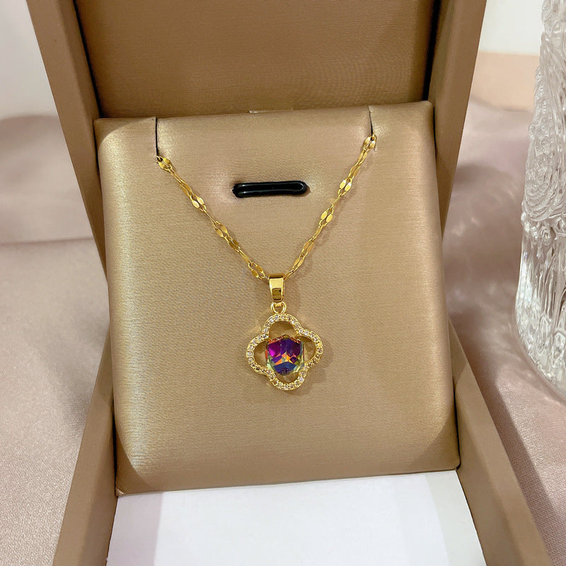 Minimalist Geometric Titanium Steel Necklace with Gold Plated Brass Pendant and Rhinestone Inlay