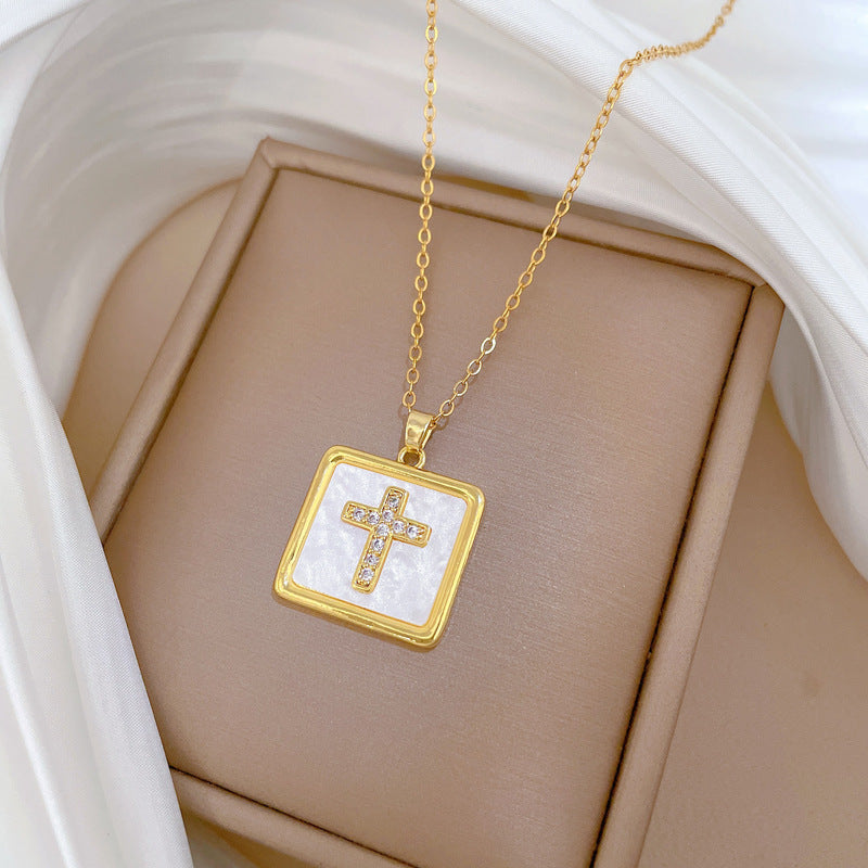 Minimalist Square Cross Pendant Necklace in Stainless Steel with Rhinestone Inlay for Women and Men