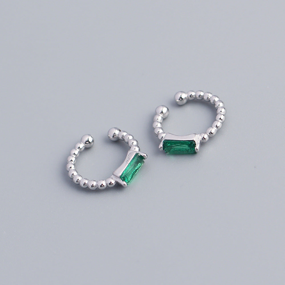 Sweet 925 Sterling Silver Geometric Round Inlaid Emerald Cubic Zirconia Ear Clip for Women
