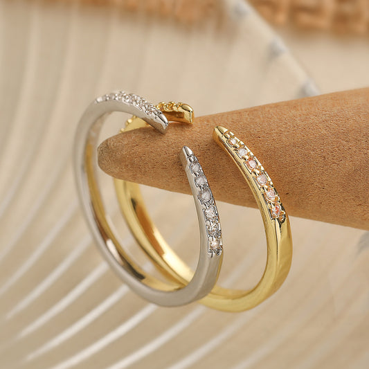 Anillo Abierto Geométrico Minimalista para Mujer Hecho de Cobre con Baño de Oro de 18K e Incrustación de Circonita