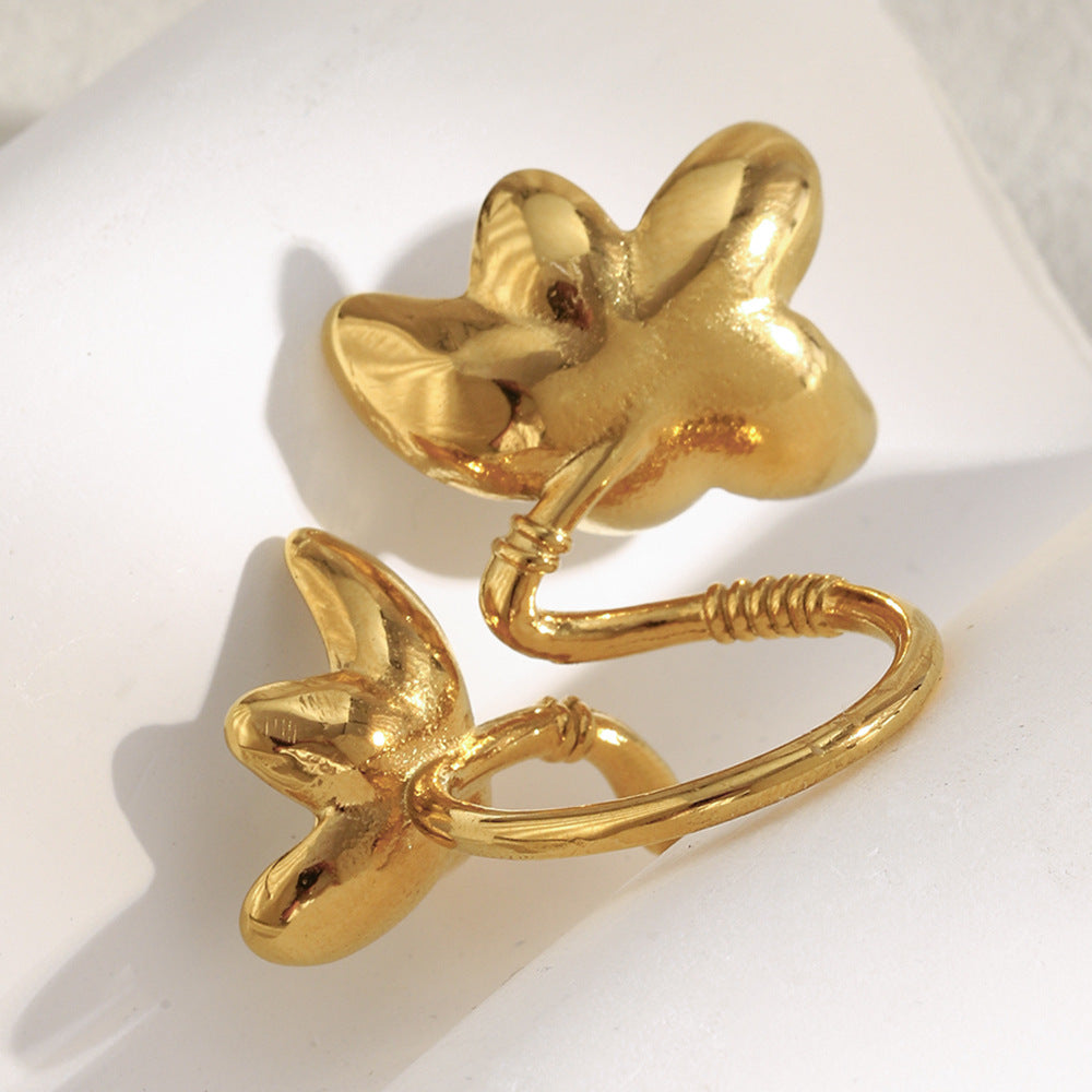 Minimalist Floral Stainless Steel Plated 18K Two-Tone Opening Ring for Women