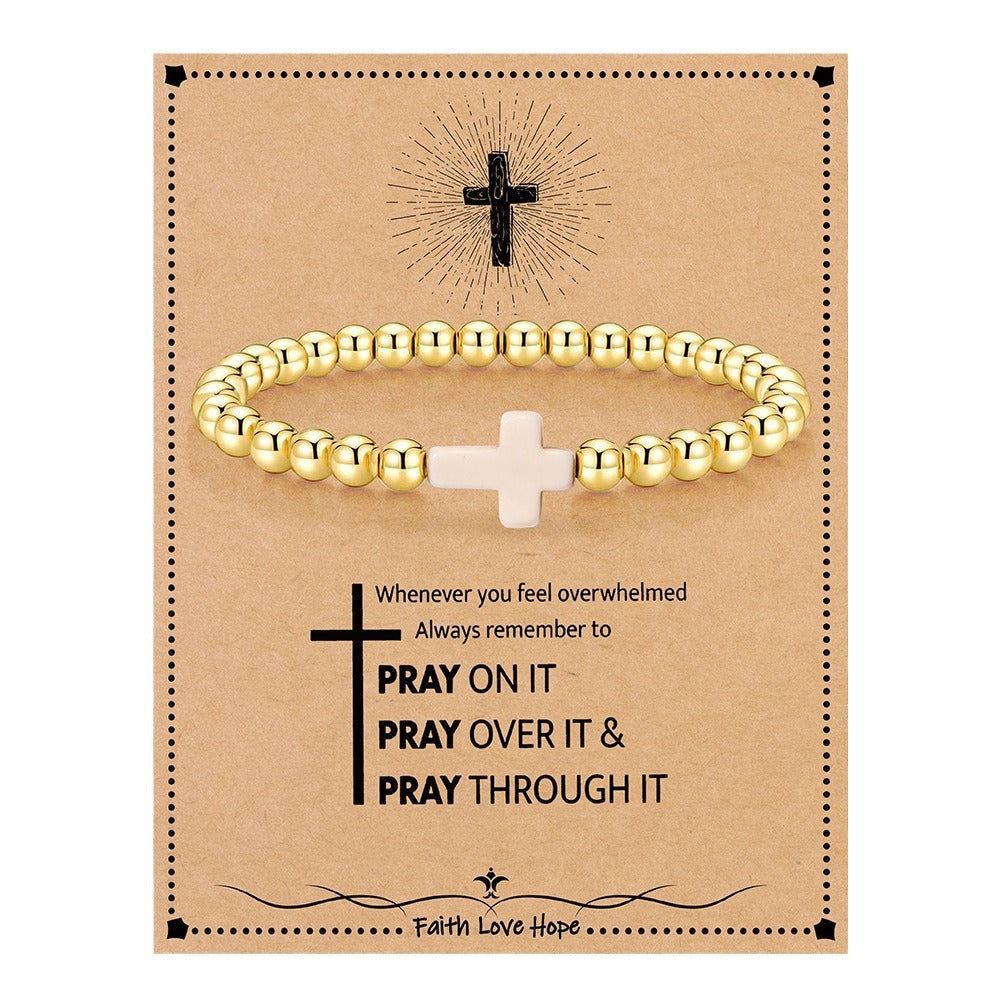 14K Gold Plated Hematite Bead Bracelet with Cross Pendant for Women