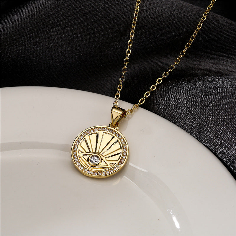Minimalist Round Geometric Eye Pendant Gold Plated Brass Necklace for Women with Cable Chain