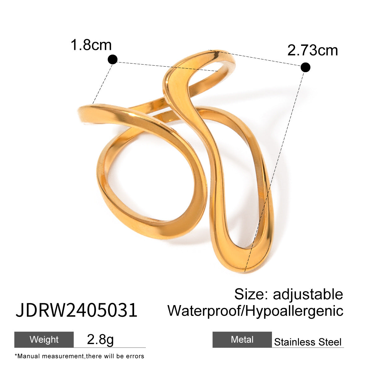 Geometric Plated Stainless Steel Open Ring for Women