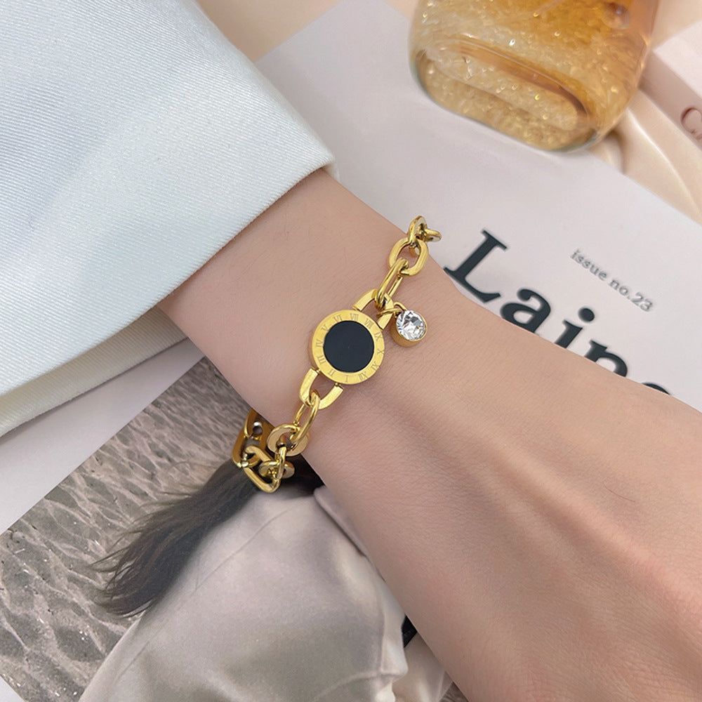 Minimalist Roman Numeral Titanium Steel Bracelet for Women with Rhinestone Inlay and Plated Finish