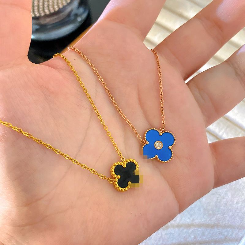 Blue Four-Leaf Clover Titanium Steel Necklace with 18K Gold Plated Double-Sided Black and White Pendant