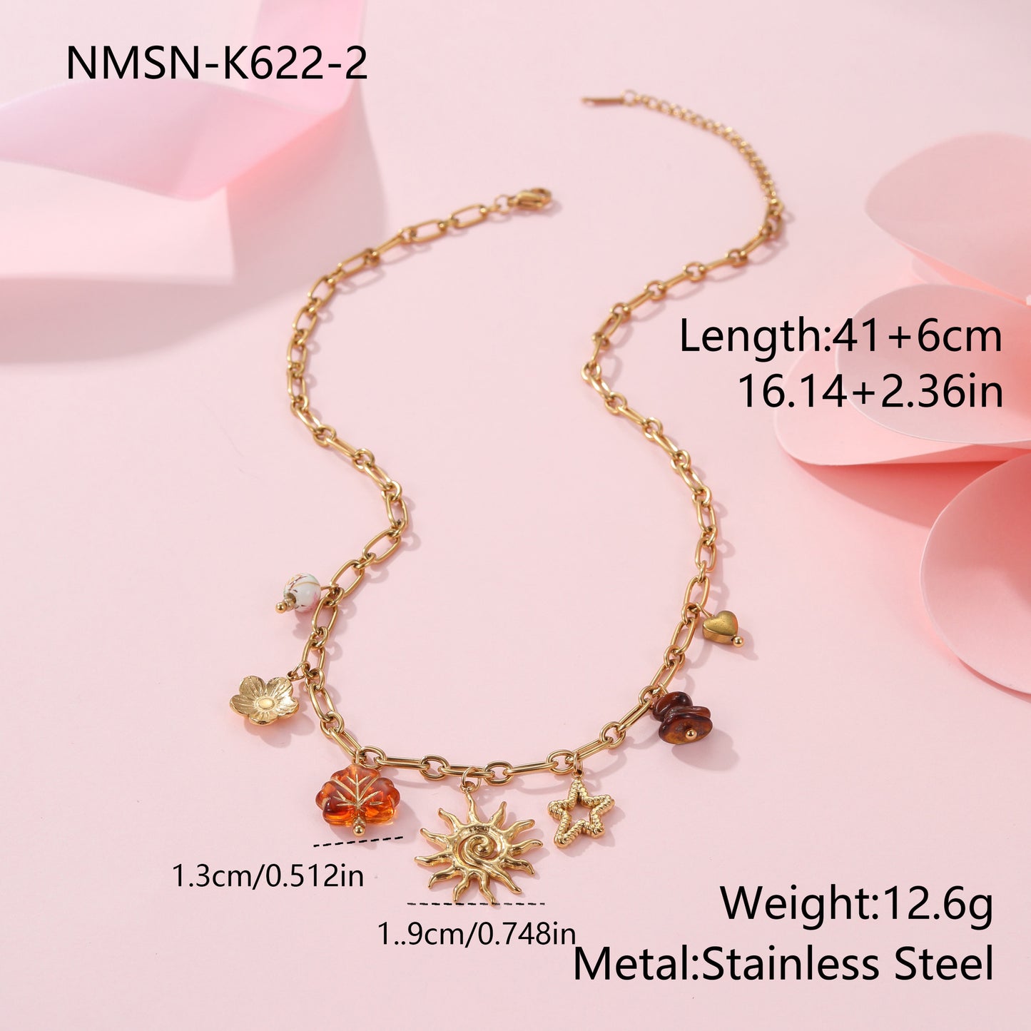 Fashionable Heart and Sun Pendant Necklace in Stainless Steel with Plated Finish for Women
