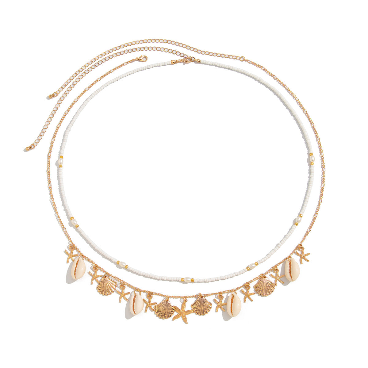 Catena in vita da donna stile boho con nappe e conchiglie, perline a forma di stella e ciondolo a ventaglio in abalone in metallo