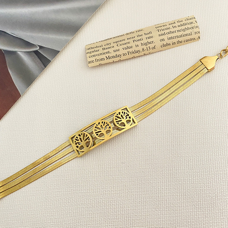 Gold Plated Titanium Steel Four-Leaf Clover Tree of Life Bracelet Floral Design Unisex