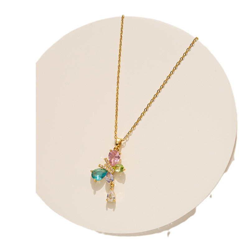 Elegant Butterfly-Shaped Titanium Steel Necklace with Clear Colored Zircon Inlay for Women