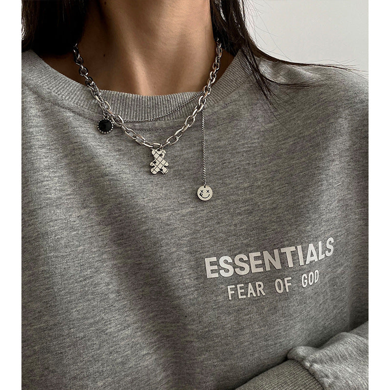 Collar minimalista de doble capa de acero titanio pulido con diseño de oso y cadena tipo cuchilla para mujer y hombre