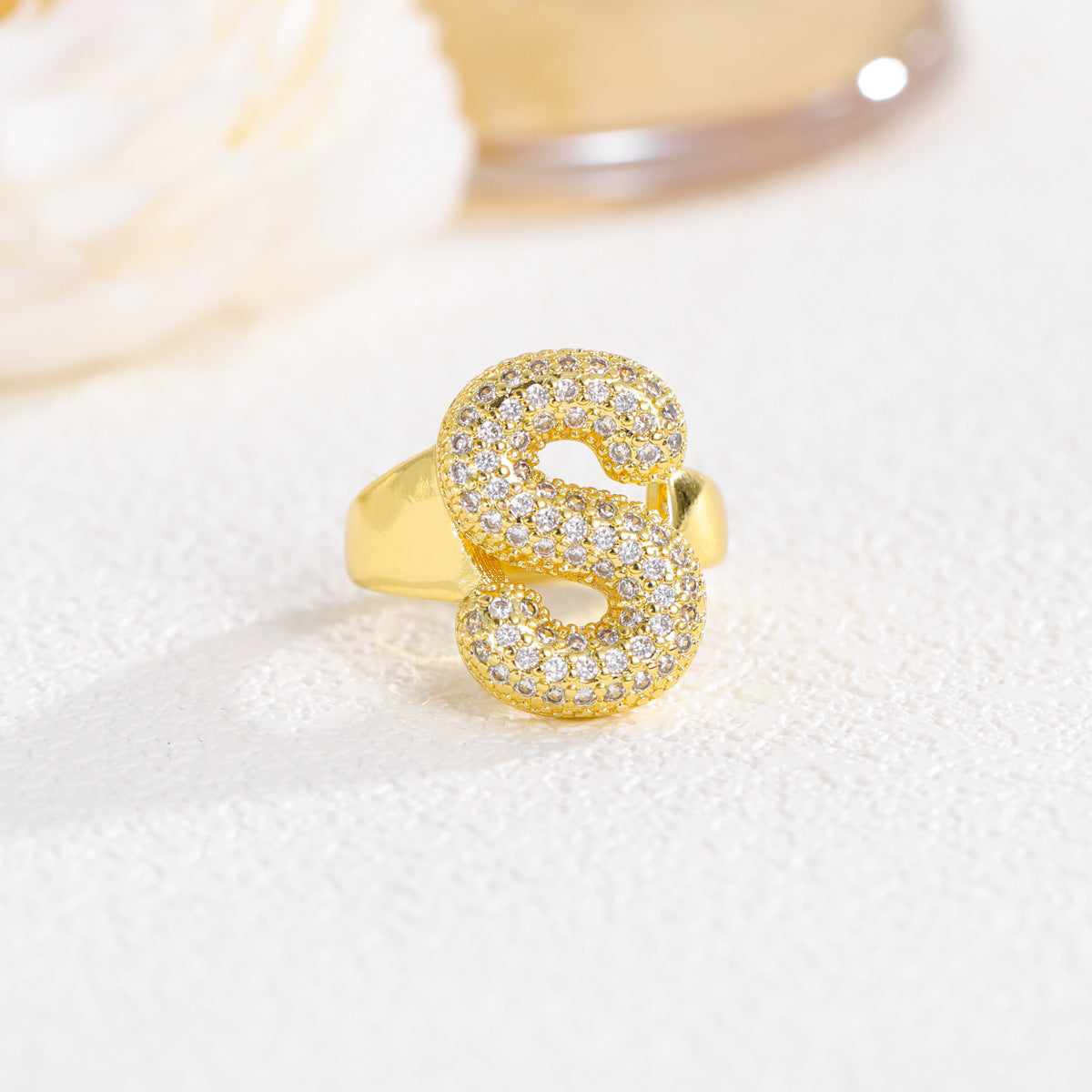 Sweet Plated Brass Letter Ring with Cubic Zirconia Adjustable Open Ring for Women and Men
