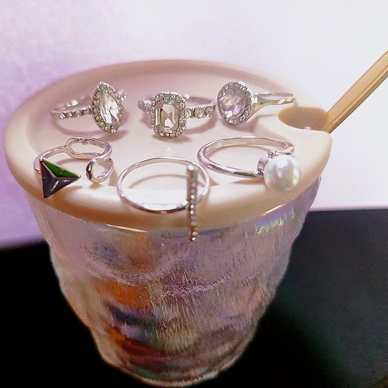 Elegant Fashion Geometric Alloy Ring Set with Pearl and Rhinestone Inlay for Women