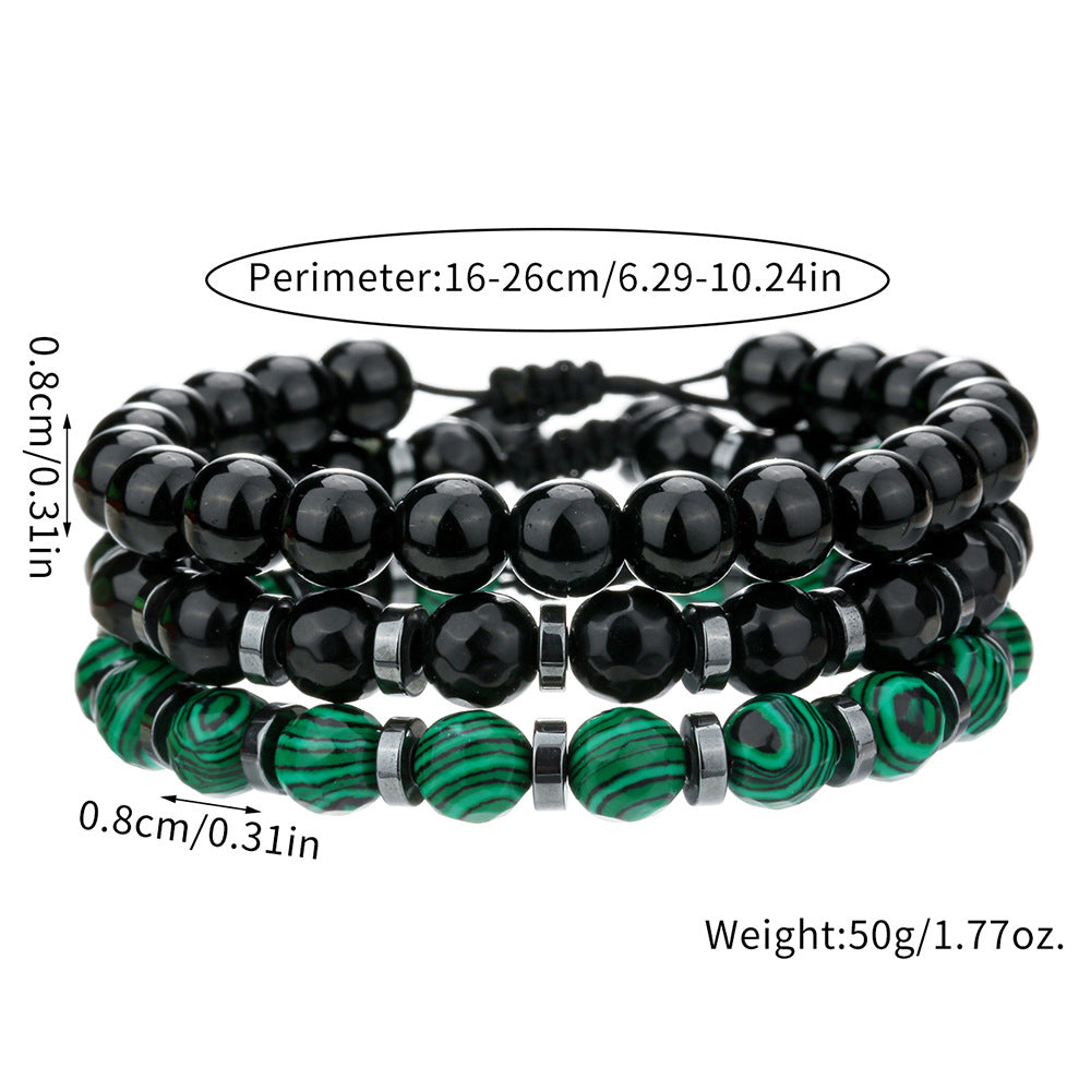 Bohemian Style Black Obsidian Green Peacock Stone Hand-Strung Bracelet with Geometric Round Beads for Beach and Surf