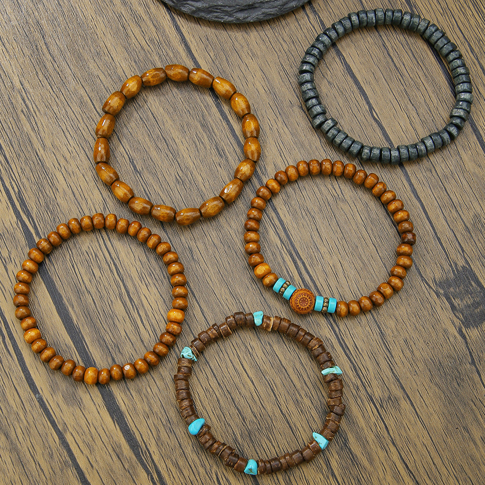 Vintage Minimalist Round Wood Turquoise Beaded Bracelet Set