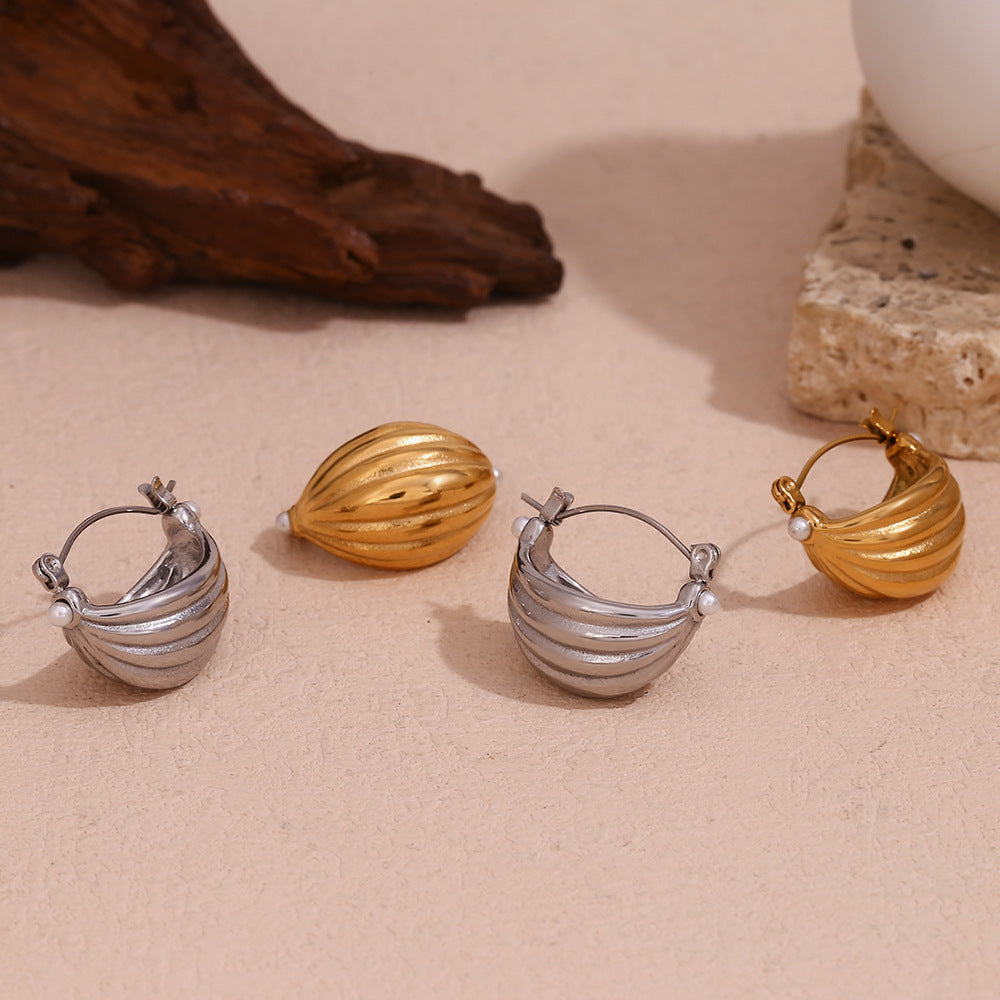 Fashionable Geometric Stainless Steel Earrings with 18K Gold Plating and Pearl Accents in Multi-Layer Boat Basket Design