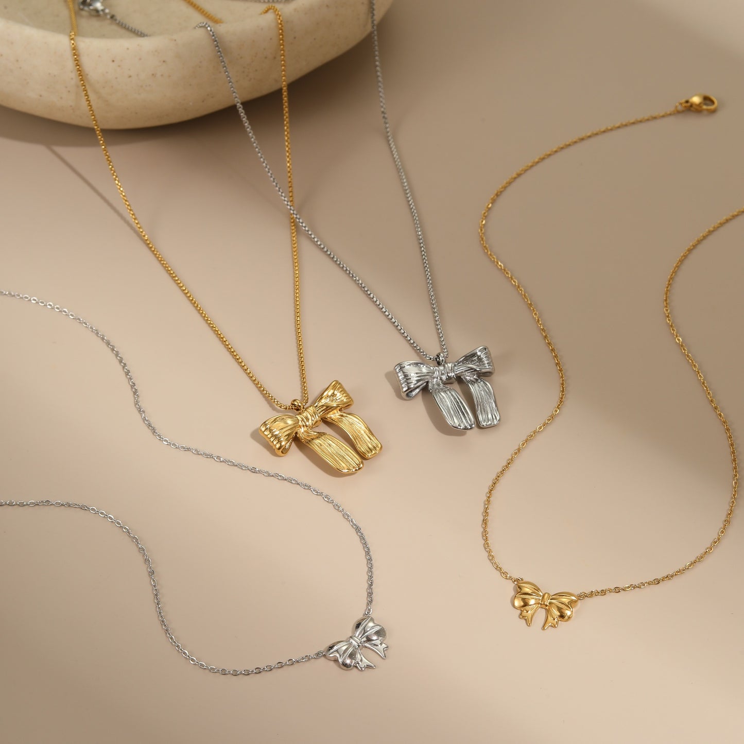 Minimalist Bow Knot Pendant Necklace in Stainless Steel with 18K Gold Plating for Women