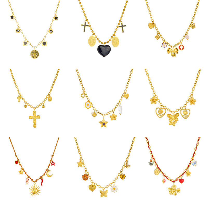 Chic Gold Plated Drip Oil Heart Floral Star Round Stainless Steel Pendant Necklace for Women