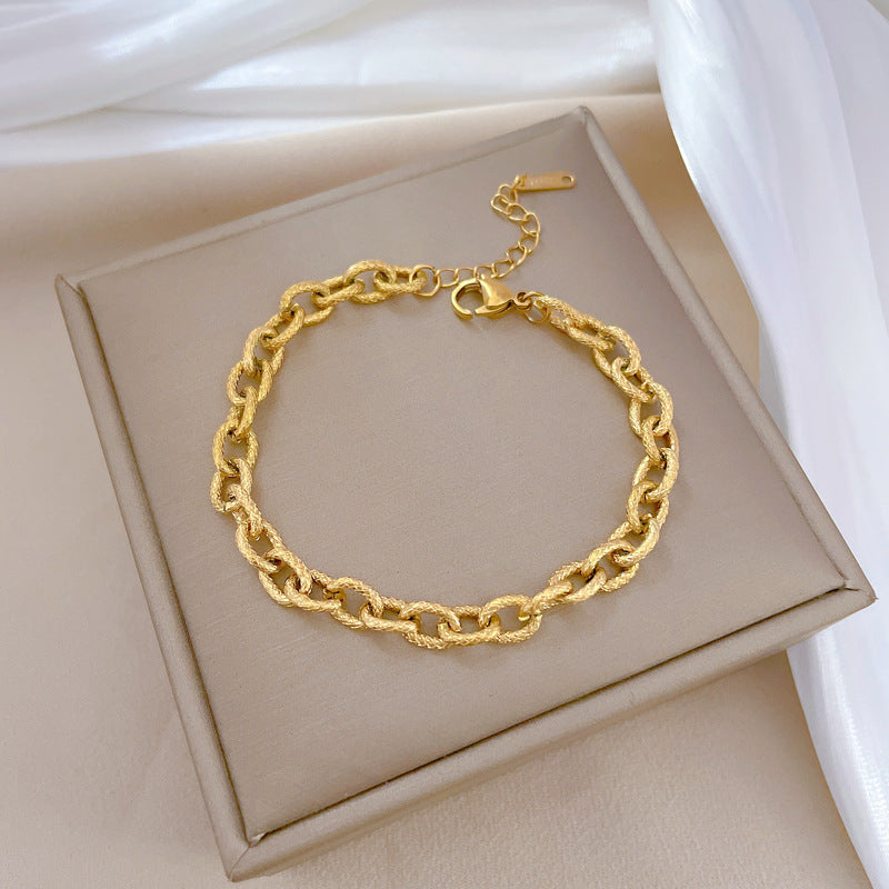 Vintage Minimalist Zodiac Titanium Steel Bracelet for Women with Gold Inlay and Wavy Texture