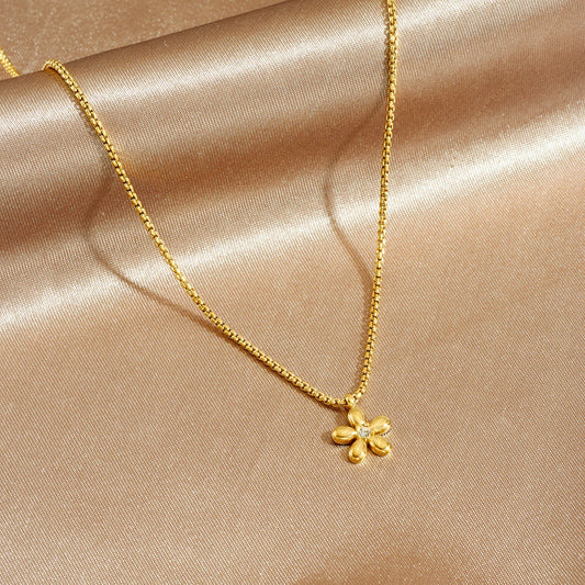 Gold Plated Stainless Steel Floral Rhinestone Beaded Pendant and Chain Jewelry Set for Women