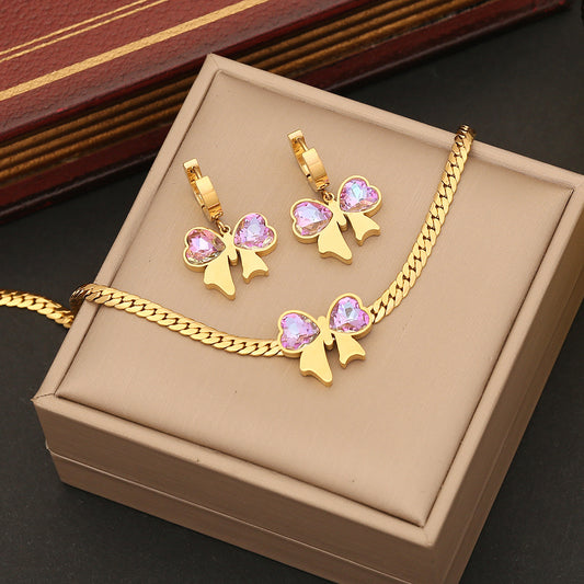 Fashionable Bowknot Pendant Necklace Set in Stainless Steel with Plated Finish for Women, Flat Snake Chain Locket Style
