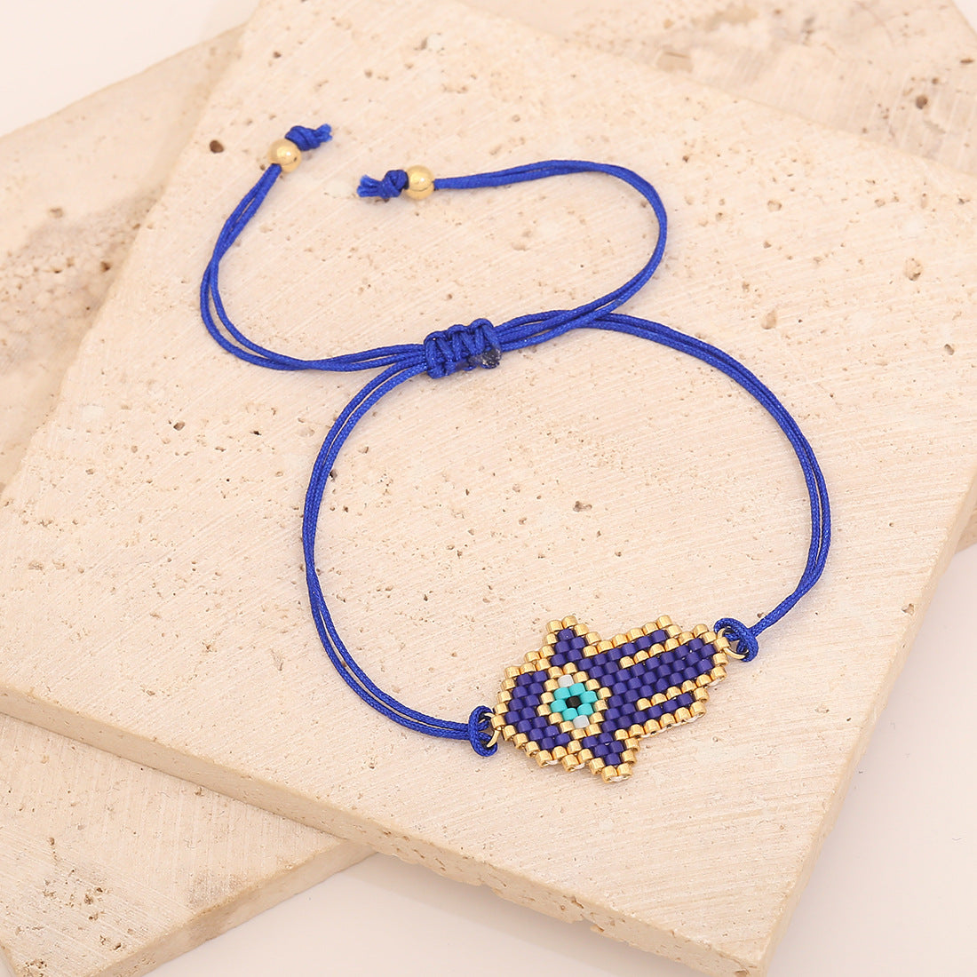 Handmade Woven Glass Beaded Palm Bracelet with Evil Eye Charm for Women