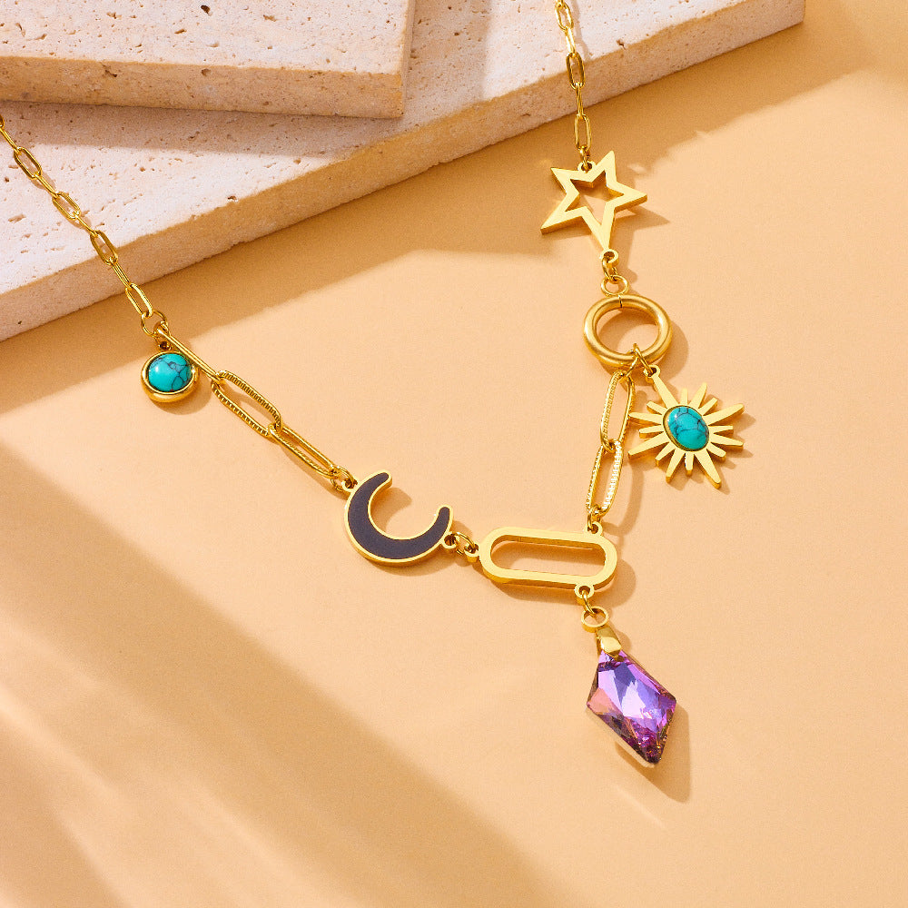 Elegant Purple Diamond-Cut Eight-Pointed Star and Moon Teardrop Pendant Plated Stainless Steel Necklace for Women