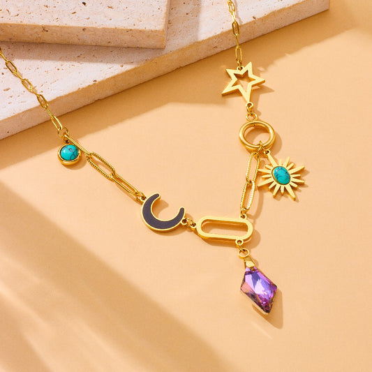 Elegant Purple Diamond-Cut Eight-Pointed Star and Moon Teardrop Pendant Plated Stainless Steel Necklace for Women