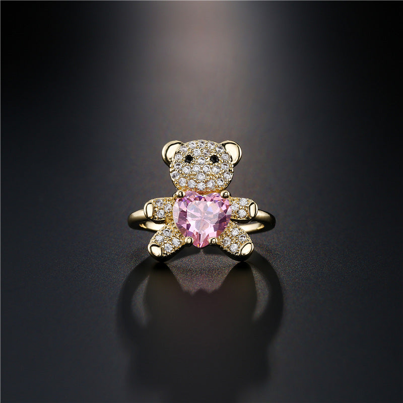 INS Style Adjustable Open Ring with Bear and Heart Motif in Copper with Micro-Pave Setting