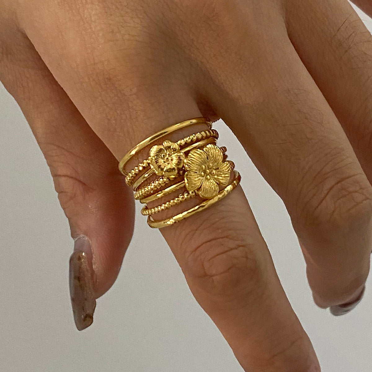 Geometric Floral Plated Stainless Steel Ring for Women