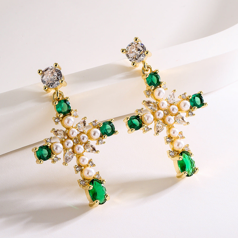 Geometric Copper Earrings with 18K Gold Plating, Zircon Inlay, and Pearl Accents — Minimalist Luxury Fashion Ear Jewelry